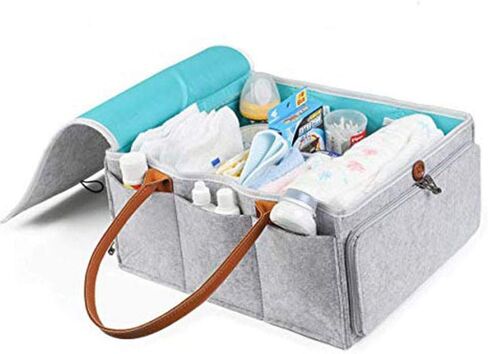 Large Diaper Caddy Organizer Baby Nursery Storage Basket with Zipper Lid and Leather Handle Baby Wipes Stacker Bin Holder - 38 x 25 x 18 cm in Kuwait