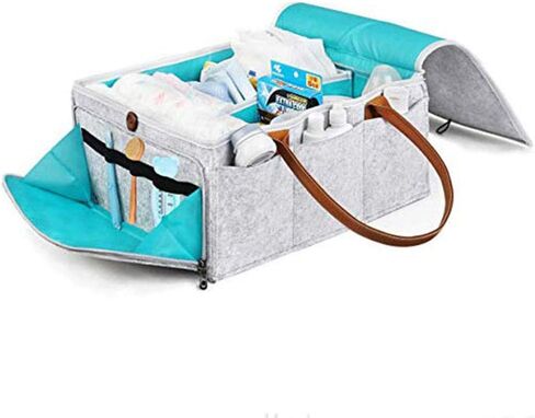 Large Diaper Caddy Organizer Baby Nursery Storage Basket with Zipper Lid and Leather Handle Baby Wipes Stacker Bin Holder - 38 x 25 x 18 cm in Kuwait
