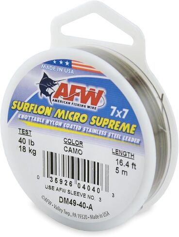سلك صيد السمك الأمريكي Surflon Micro Supreme مطلي بالنايلون 7 × 7 سلك زعيم من الفولاذ المقاوم للصدأ - قادة أسلاك قابلة للعقد لصيد الأسماك في المياه المالحة، صيد الذبابة، اختبار 13 رطل - اختبار 90 رطل، ألوان زاهية وسوداء ومموهة in Saudi Arabia