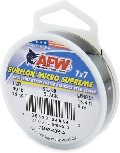 سلك صيد السمك الأمريكي Surflon Micro Supreme مطلي بالنايلون 7 × 7 سلك زعيم من الفولاذ المقاوم للصدأ - قادة أسلاك قابلة للعقد لصيد الأسماك في المياه المالحة، صيد الذبابة، اختبار 13 رطل - اختبار 90 رطل، ألوان زاهية وسوداء ومموهة in Saudi Arabia