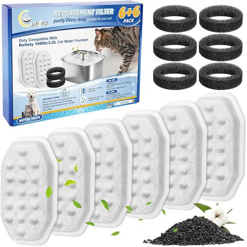 Cunina Cat Water Fountain Filter, Pet Fountain Filter Replacement for Rellaty 3.2L/108oz Pet Water Fountain, 6 Cat Water Fountain Filters & 6 Sponge Filters in Kuwait