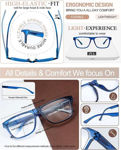 MARE AZZURO Retro Big Reading Glasses Men Lightweight Readers 1.0 1.25 1.5 1.75 2.0 2.25 2.5 2.75 3.0 3.5 4.0 5.0 6.0 in Saudi Arabia