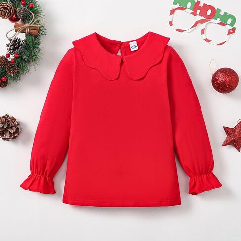 زد اف زد دي رين تي شيرت بياقة مكشكشة للبنات الصغيرات بلون سادة واكمام مكشكشة للاطفال بلوزة كاجوال سادة in Kuwait