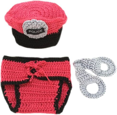 Pinbo Newborn Baby Boys Girls Photography Prop Crochet Police Hat Diaper in Kuwait