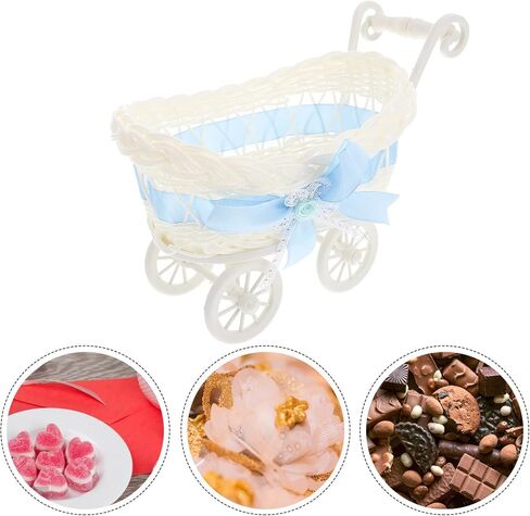 Doll Stroller Vintage Wicker Pram Rattan Candy Baskets Stroller Shape Wicker Bread Baskets Food Storage Baskets Display Bowl for Wedding Baby Shower Party Snack Fruit Vegetable in Saudi Arabia