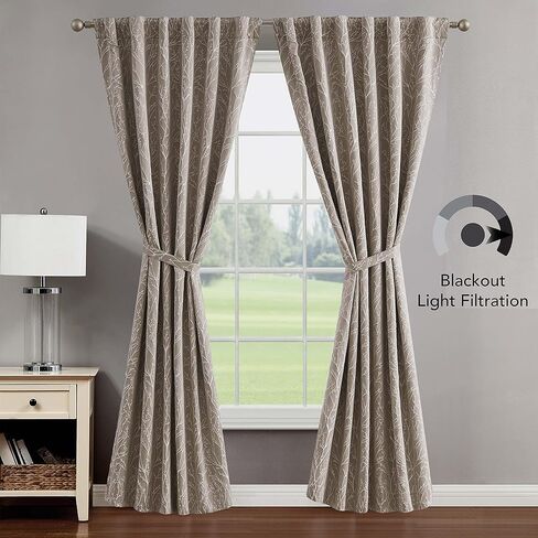 Creative Home Ideas Blackout Curtains (2 Panels, 50"x 84", Taupe) Room Darkening Thermal Insulated Curtains with 2 Tiebacks - Collins Window Curtains for Bedroom, Living Room - Branch Pattern in Kuwait