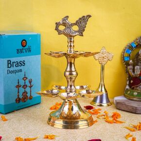 SATVIK 1 Pc Brass Panchmukhi Peacock Kerala Samai Puja Diya Kutthu Vilakku Oil Lamp Pooja 1 Step Diya Engraved Design Deepak Indian Diwali Pooja Home Mandir Office Decor Housewarming Return Gift Items in Kuwait