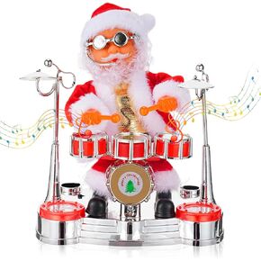 Jhua Christmas Santa Claus Decoration, Electric Singing Santa Claus Playing Drum Santa Toy with Music and LED Light Xmas Doll Toy Ornament for Christmas Party Home Festival Decorations in Kuwait