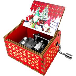 AOCEAN Christmas Music Box Hand Crank Music Box Wooden Carved Music Boxes Decoration Xmas Gift for Kids (Red)