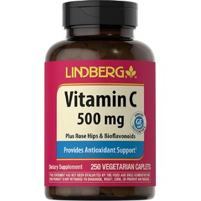 Lindberg Vitamin C 500mg with Rose HIPS | 250 Caplets | with Bioflavonoids | Vegetarian, Non-GMO, Gluten Free in Kuwait
