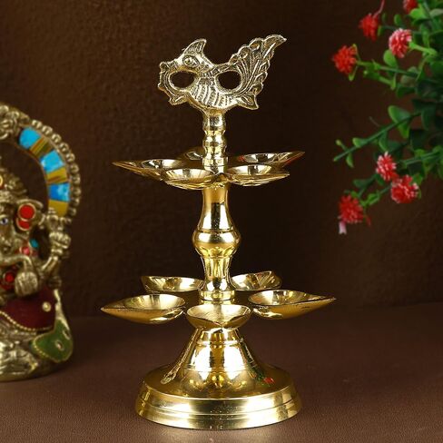 SATVIK 1 Pc Brass Panchmukhi Peacock Kerala Samai Puja Diya Kutthu Vilakku Oil Lamp Pooja 1 Step Diya Engraved Design Deepak Indian Diwali Pooja Home Mandir Office Decor Housewarming Return Gift Items in Kuwait