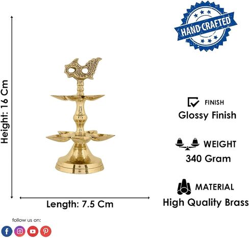 SATVIK 1 Pc Brass Panchmukhi Peacock Kerala Samai Puja Diya Kutthu Vilakku Oil Lamp Pooja 1 Step Diya Engraved Design Deepak Indian Diwali Pooja Home Mandir Office Decor Housewarming Return Gift Items in Kuwait