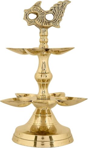 SATVIK 1 Pc Brass Panchmukhi Peacock Kerala Samai Puja Diya Kutthu Vilakku Oil Lamp Pooja 1 Step Diya Engraved Design Deepak Indian Diwali Pooja Home Mandir Office Decor Housewarming Return Gift Items in Kuwait