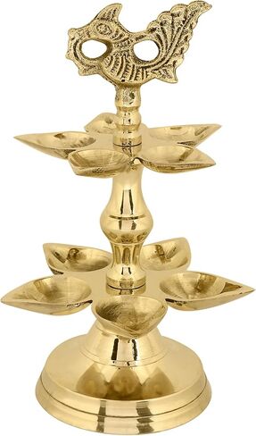 SATVIK 1 Pc Brass Panchmukhi Peacock Kerala Samai Puja Diya Kutthu Vilakku Oil Lamp Pooja 1 Step Diya Engraved Design Deepak Indian Diwali Pooja Home Mandir Office Decor Housewarming Return Gift Items in Kuwait