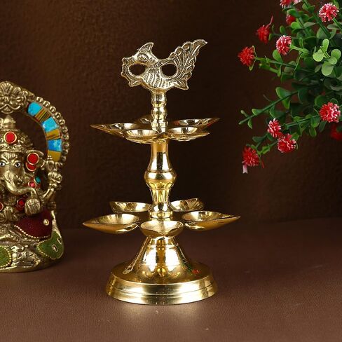 SATVIK 1 Pc Brass Panchmukhi Peacock Kerala Samai Puja Diya Kutthu Vilakku Oil Lamp Pooja 1 Step Diya Engraved Design Deepak Indian Diwali Pooja Home Mandir Office Decor Housewarming Return Gift Items in Kuwait