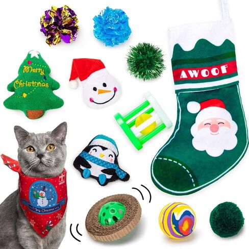 AWOOF Cat Christmas Toys, Christmas Stocking Cat Toy Gift Set 12Pcs Cat Toys Set for Kitten with Pet Cat Christmas Bandana in Kuwait