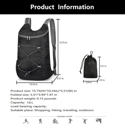 levayhill 16L Hiking-Daypack, Water-Resistant-Lightweight Foldable Travel Backpacks, Camping Outdoor Backpack Carry-on Bag in Kuwait