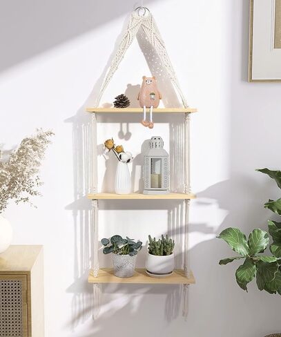 Afuly Hanging Shelves 2 Tiers Macrame Floating Shelf Wall Mounted, Boho Shelf Rack with Pine Wood Handmade Woven Rope for Bathroom Bedroom Living Room Plants Storage Home Decor, with Basket in Saudi Arabia