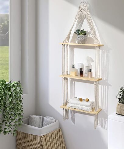 Afuly Hanging Shelves 2 Tiers Macrame Floating Shelf Wall Mounted, Boho Shelf Rack with Pine Wood Handmade Woven Rope for Bathroom Bedroom Living Room Plants Storage Home Decor, with Basket in Saudi Arabia