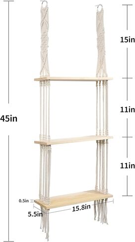 Afuly Hanging Shelves 2 Tiers Macrame Floating Shelf Wall Mounted, Boho Shelf Rack with Pine Wood Handmade Woven Rope for Bathroom Bedroom Living Room Plants Storage Home Decor, with Basket in Saudi Arabia