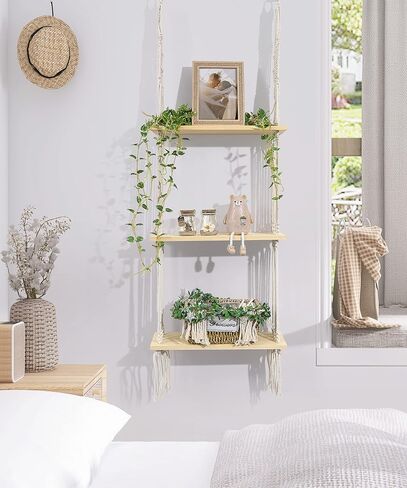 Afuly Hanging Shelves 2 Tiers Macrame Floating Shelf Wall Mounted, Boho Shelf Rack with Pine Wood Handmade Woven Rope for Bathroom Bedroom Living Room Plants Storage Home Decor, with Basket in Saudi Arabia