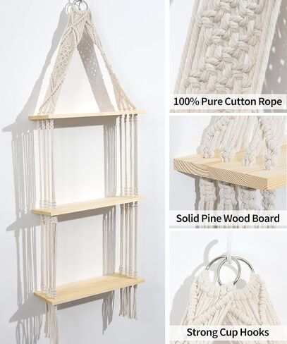 Afuly Hanging Shelves 2 Tiers Macrame Floating Shelf Wall Mounted, Boho Shelf Rack with Pine Wood Handmade Woven Rope for Bathroom Bedroom Living Room Plants Storage Home Decor, with Basket in Saudi Arabia