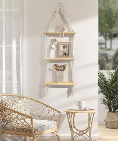 Afuly Hanging Shelves 2 Tiers Macrame Floating Shelf Wall Mounted, Boho Shelf Rack with Pine Wood Handmade Woven Rope for Bathroom Bedroom Living Room Plants Storage Home Decor, with Basket in Saudi Arabia