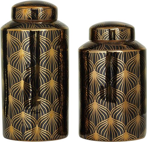Deco 79 Ceramic Floral Decorative Jars with Gold Accents, Set of 2 14", 12"H, Black in Kuwait