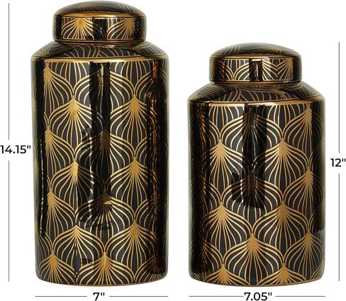 Deco 79 Ceramic Floral Decorative Jars with Gold Accents, Set of 2 14", 12"H, Black in Kuwait