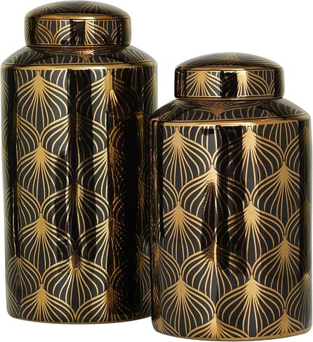 Deco 79 Ceramic Floral Decorative Jars with Gold Accents, Set of 2 14", 12"H, Black in Kuwait
