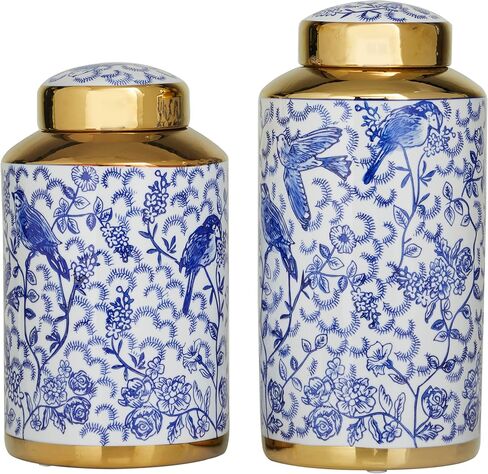 Deco 79 Ceramic Floral Decorative Jars with Gold Accents, Set of 2 14", 12"H, Black in Kuwait