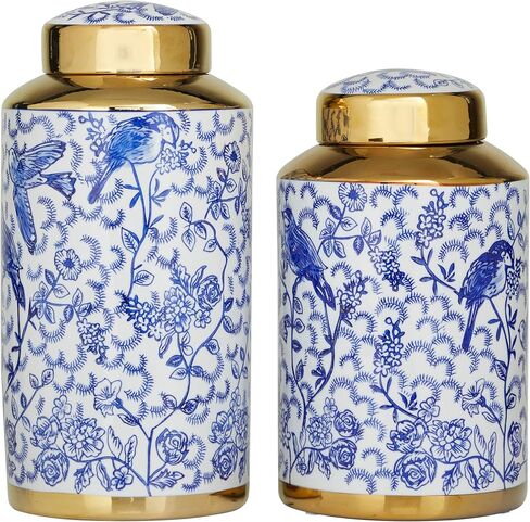 Deco 79 Ceramic Floral Decorative Jars with Gold Accents, Set of 2 14", 12"H, Black in Kuwait