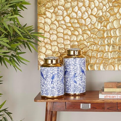 Deco 79 Ceramic Floral Decorative Jars with Gold Accents, Set of 2 14", 12"H, Black in Kuwait