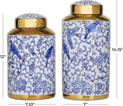Deco 79 Ceramic Floral Decorative Jars with Gold Accents, Set of 2 14", 12"H, Black in Kuwait