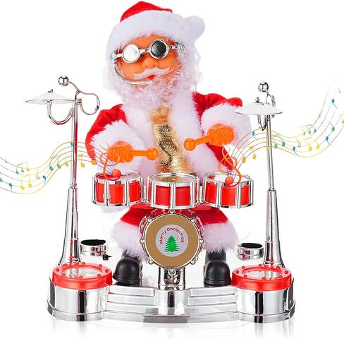 Jhua Christmas Santa Claus Decoration, Electric Singing Santa Claus Playing Drum Santa Toy with Music and LED Light Xmas Doll Toy Ornament for Christmas Party Home Festival Decorations in Kuwait