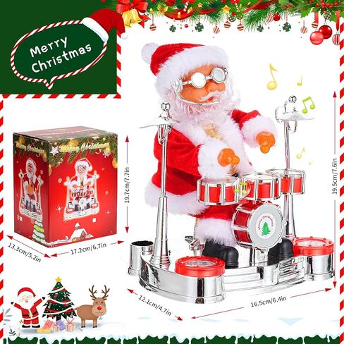 Jhua Christmas Santa Claus Decoration, Electric Singing Santa Claus Playing Drum Santa Toy with Music and LED Light Xmas Doll Toy Ornament for Christmas Party Home Festival Decorations in Kuwait