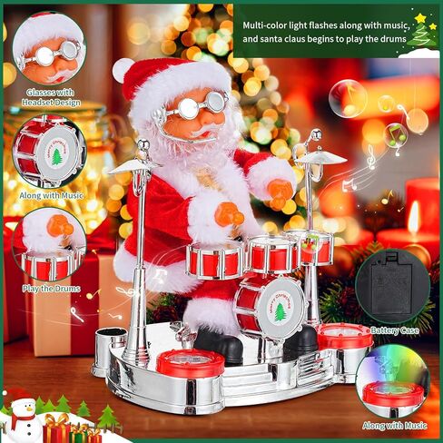 Jhua Christmas Santa Claus Decoration, Electric Singing Santa Claus Playing Drum Santa Toy with Music and LED Light Xmas Doll Toy Ornament for Christmas Party Home Festival Decorations in Kuwait