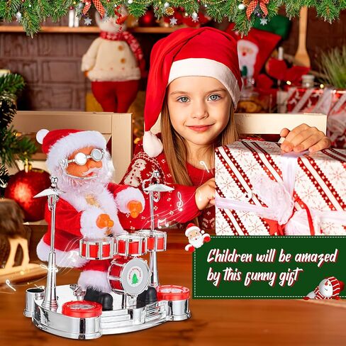 Jhua Christmas Santa Claus Decoration, Electric Singing Santa Claus Playing Drum Santa Toy with Music and LED Light Xmas Doll Toy Ornament for Christmas Party Home Festival Decorations in Kuwait