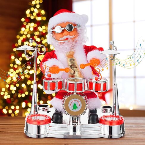 Jhua Christmas Santa Claus Decoration, Electric Singing Santa Claus Playing Drum Santa Toy with Music and LED Light Xmas Doll Toy Ornament for Christmas Party Home Festival Decorations in Kuwait