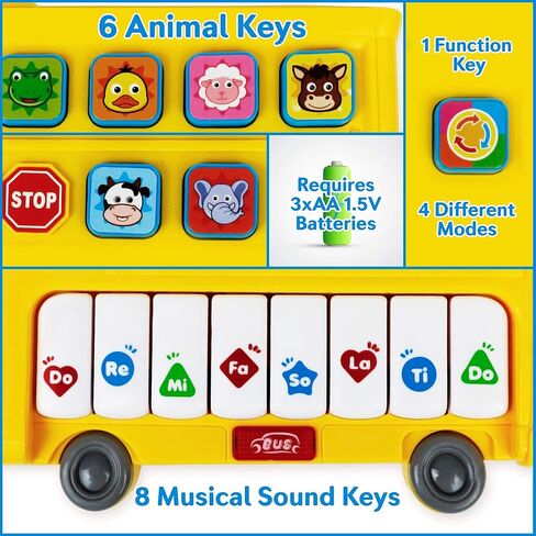 Learning School Bus Toy w/ Lights and Music – 8 Musical Note Piano Keys, 6 Animal Sounds Buttons and Mode Button – Toy Bus w/ Flashing Lights – Fun Toy School Bus for Toddlers 18+ Months in Kuwait
