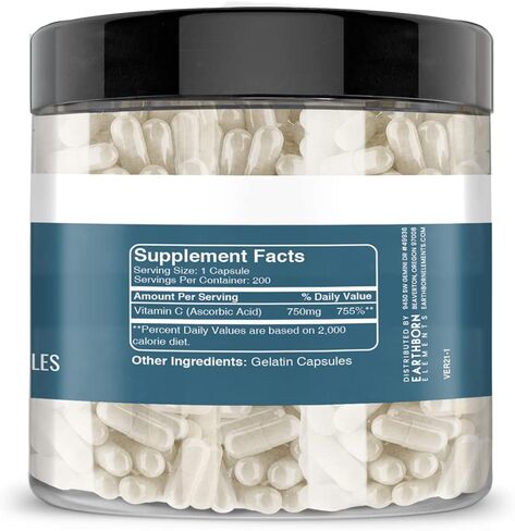 Earthborn Elements Vitamin C 200 Capsules, Pure & Undiluted, No Additives in Saudi Arabia