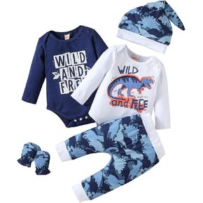 Camidy 5Pcs Baby Boy Clothes Dinosaur Long Sleeve Romper Top+ Pants+ Hat+ Gloves Infant Spring Outfits Set 0-12 Months in Kuwait