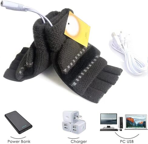 قفازات تدفئة USB للنساء والرجال، قفازات شتوية دافئة للكمبيوتر المحمول، حياكة الأيدي كاملة ونصف دافئة بدون أصابع، تصميم قابل للغسل (أسود + وردي) in Kuwait