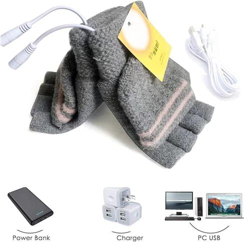 قفازات تدفئة USB للنساء والرجال، قفازات شتوية دافئة للكمبيوتر المحمول، حياكة الأيدي كاملة ونصف دافئة بدون أصابع، تصميم قابل للغسل (أسود + وردي) in Kuwait
