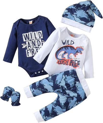 Camidy 5Pcs Baby Boy Clothes Dinosaur Long Sleeve Romper Top+ Pants+ Hat+ Gloves Infant Spring Outfits Set 0-12 Months in Kuwait