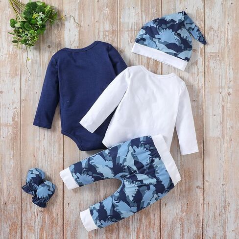 Camidy 5Pcs Baby Boy Clothes Dinosaur Long Sleeve Romper Top+ Pants+ Hat+ Gloves Infant Spring Outfits Set 0-12 Months in Kuwait