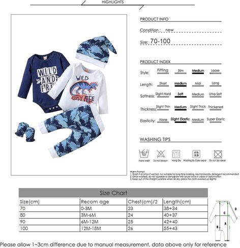 Camidy 5Pcs Baby Boy Clothes Dinosaur Long Sleeve Romper Top+ Pants+ Hat+ Gloves Infant Spring Outfits Set 0-12 Months in Kuwait