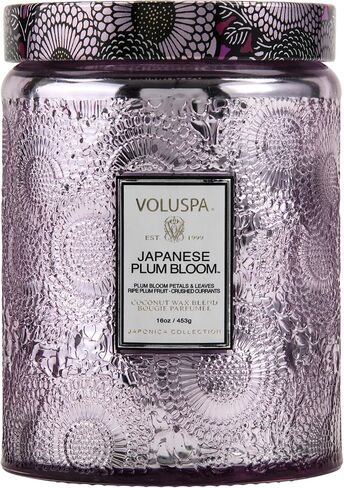 Voluspa Japanese Plum Bloom Candle | Large Glass Jar | 18 Oz | 100 Hour Burn Time | All Natural Wicks and Coconut Wax for Clean Burning in Saudi Arabia