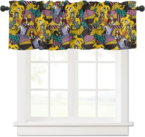 TTBDKKDM Halloween Window Valance for Kitchen Living Room Bedroom Jack Skellington and Sally Window Curtain for Halloween Decorations and Supplies Rod Pocket Window Treatment Valance Short Curtain in Kuwait