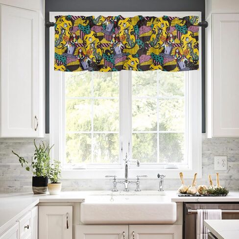 TTBDKKDM Halloween Window Valance for Kitchen Living Room Bedroom Jack Skellington and Sally Window Curtain for Halloween Decorations and Supplies Rod Pocket Window Treatment Valance Short Curtain in Kuwait